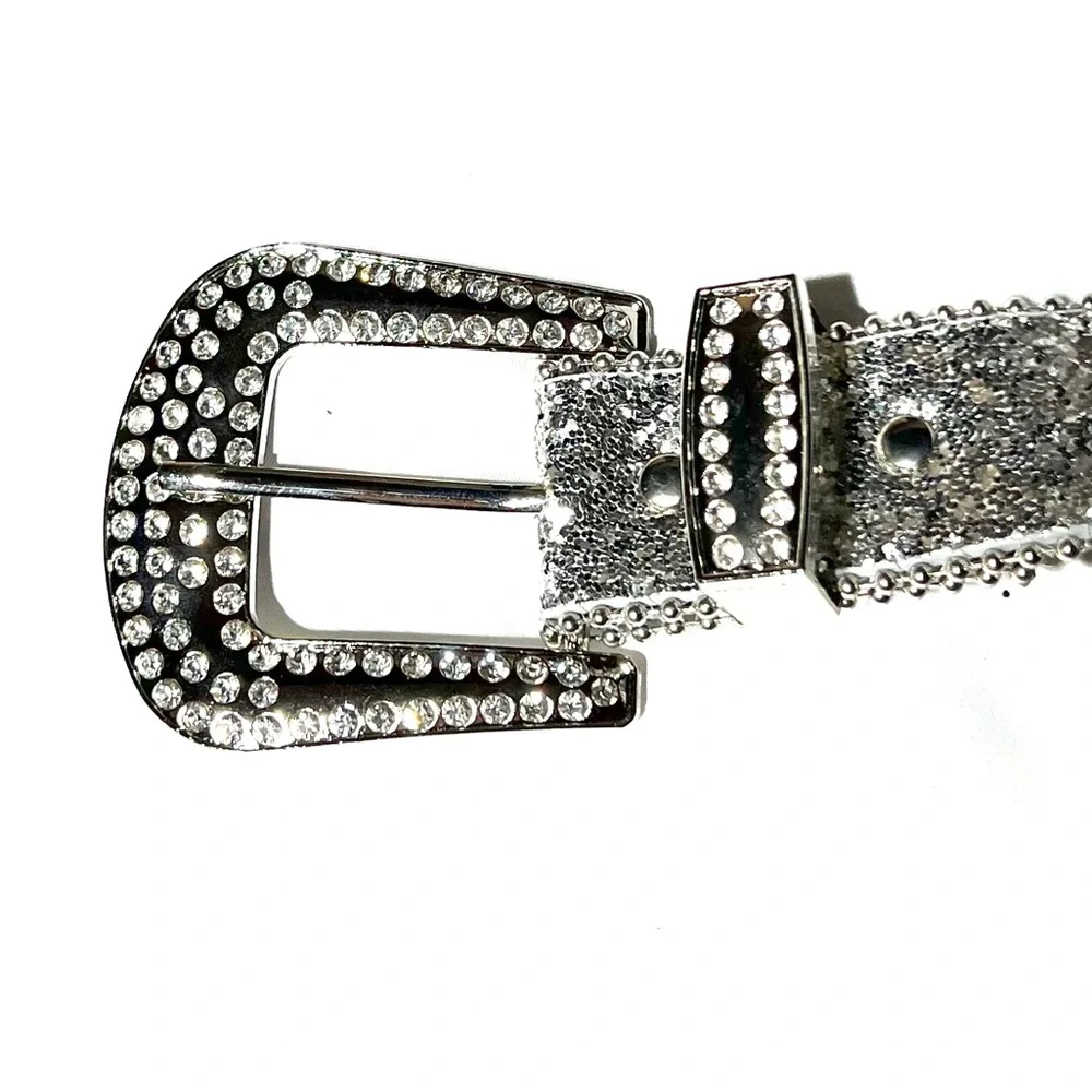 Men’s Rhinestone Black Leather Belt with Silver Studs and Ornate Buckle